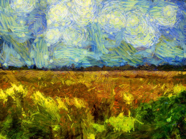 草原、森林和天空的风景插画创造了印象派的绘画风格。图片下载