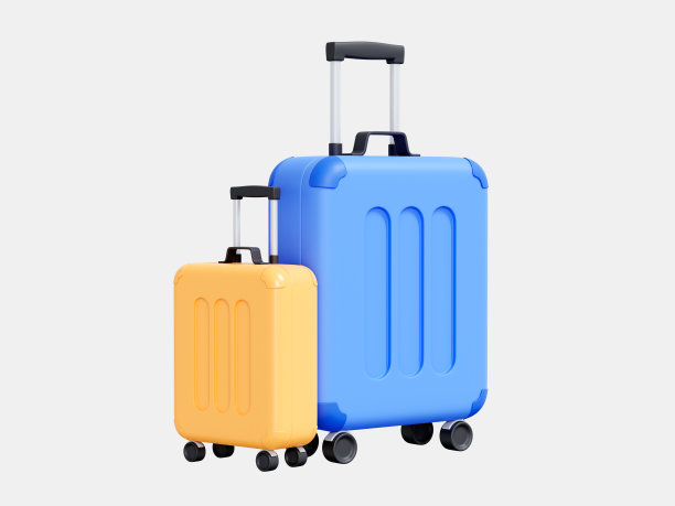 3D蓝色和黄色的手提箱。旅行的概念。暑假或假日横幅。带轮子的行李。现实的包袱。孤立在白色背景上的卡通创意设计插图。三维渲染图片下载