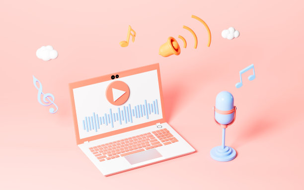 在粉色背景上用笔记本电脑和麦克风进行直播，3d渲染。图片下载