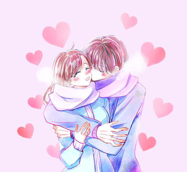 一对情侣在冬天拥抱的插图图片下载