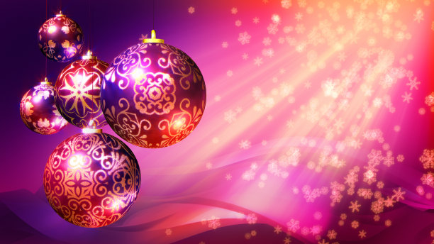 圣诞3D背景。圣诞装饰和飘落的雪花。粉色，红色，紫色。图片下载