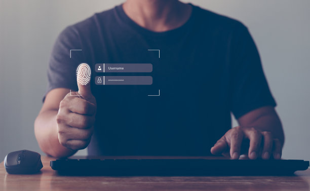 网络安全验证，登录，用户，拇指虚拟指纹扫描生物特征身份，通过指纹访问密码，技术安全系统，防止黑客的概念。图片下载