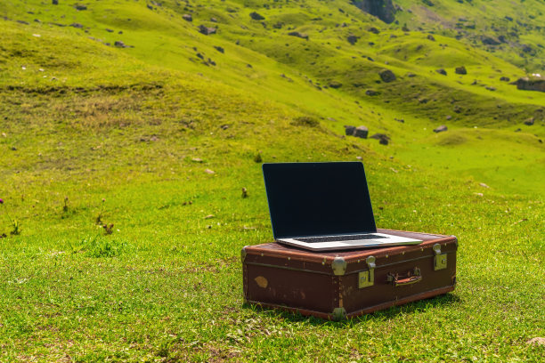 笔记本电脑躺在一个旧皮箱在大自然。远程工作图片下载