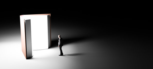 3D插画年轻的商人站在一本大书前。三维渲染图片下载