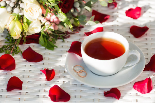 一杯茶，玫瑰花瓣，金婚戒指和一束美丽的花束放在白色的桌子上。婚礼庆典的概念。新娘的早安。图片下载