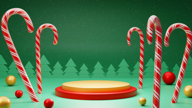 最小的产品模拟背景为圣诞节和冬季假期的概念。圣诞球和拐杖糖放在红金色的讲台上。3d渲染插图。绿色的松树背景图片下载