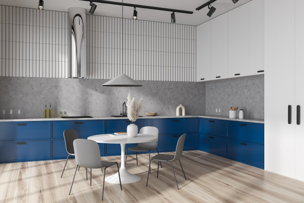 舒适的厨房内部与餐桌和厨房用具装饰图片下载