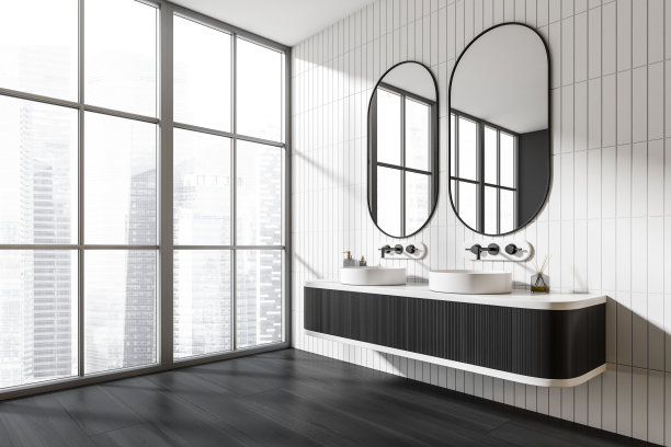 时尚的浴室内部有双水槽和全景窗图片下载