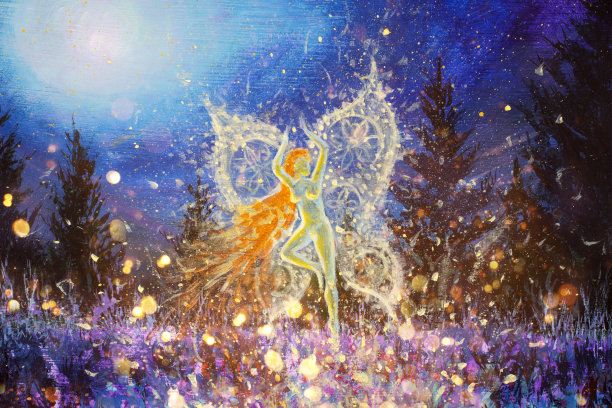 魔幻艺术魔幻艺术丙烯画发光的夜仙女女孩蝴蝶在神奇的夜森林图片下载