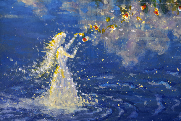 魔幻艺术丙烯油画仙女萨满少女天使在水上创造魔法的童话插画图片下载