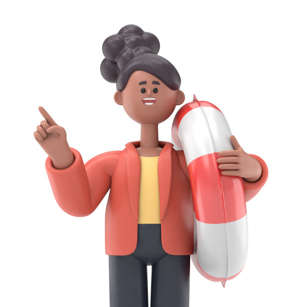 3D插图的微笑非裔美国妇女可可持有充气戒指点的食指在一旁。暑假海歇晒黑概念。白色背景的3D渲染。图片下载