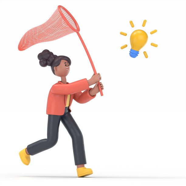 3D插图，微笑的非裔美国妇女可可正试图抓住一个飞行的灯泡用一个渔网。寻找灵感。白色背景的3D渲染。图片下载