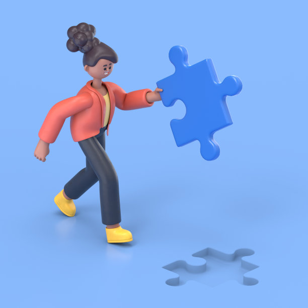 3D插图的微笑非裔美国妇女可可跑步与拼图一块。蓝色背景的3D渲染。图片下载