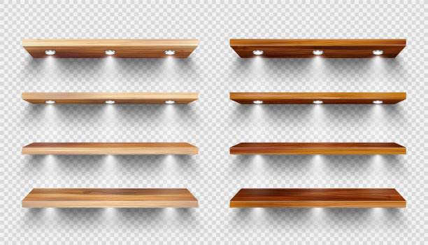 逼真的木质货架，配有照明和聚光灯。空的产品货架，杂货墙架。商场和超市的家具、书架。现代室内设计元素。矢量图图片下载