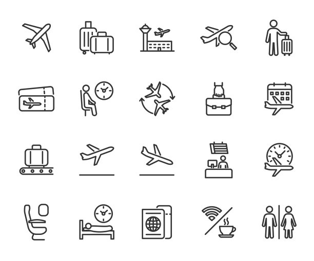 机场线图标的向量集。包含图标行李，离境，登机，机票，手提行李，候机室，转机，值机台等。像素完美。图片下载