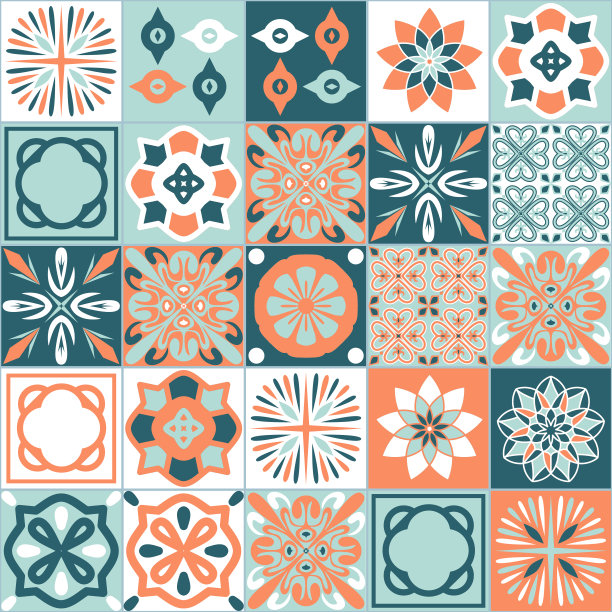 瓷砖设计为橙灰蓝色调，方形瓷砖采用西班牙Azulejo talavera风格，矢量插画图片下载