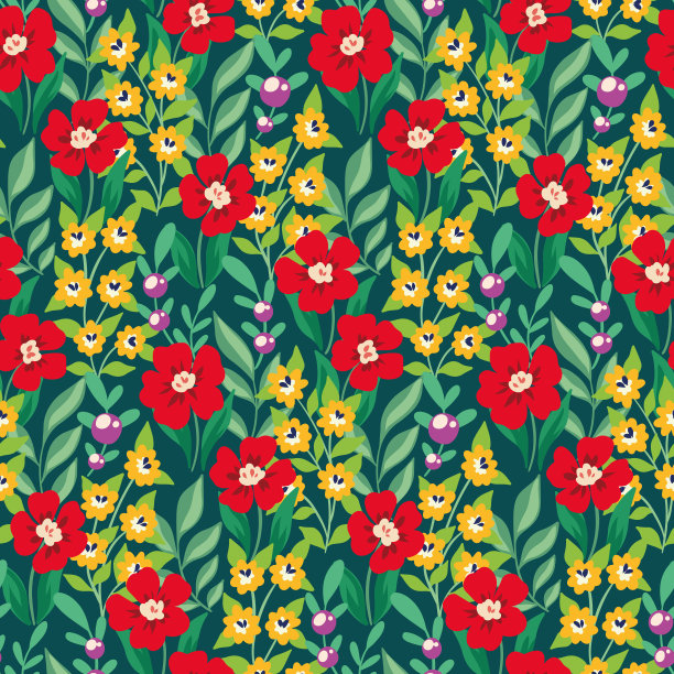 无缝的花卉图案与五颜六色的夏季草地，可爱的花朵印花与小野花，叶子，草药在绿色的背景。向量。图片下载