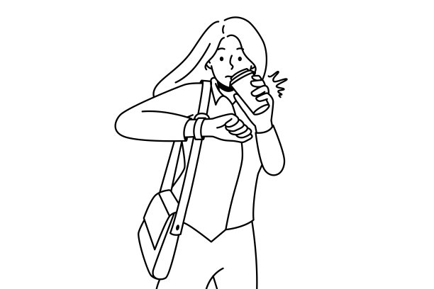 年轻女子喝咖啡检查时间图片下载