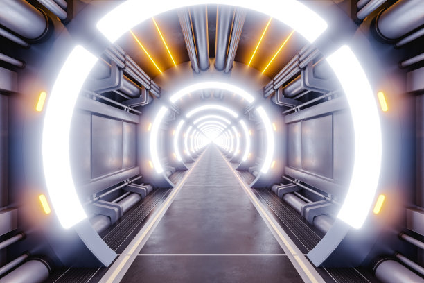 未来宇宙飞船的照明走廊。三维渲染图片下载