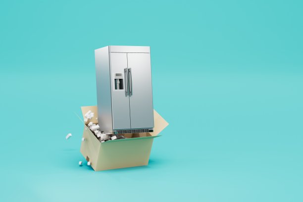 购买并交付一台冰箱。用蓝色背景的冰箱打开盒子。复制粘贴。三维渲染图片下载