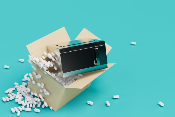 微波的购买和交付。打开盒子，微波炉在蓝绿色的背景。三维渲染图片下载