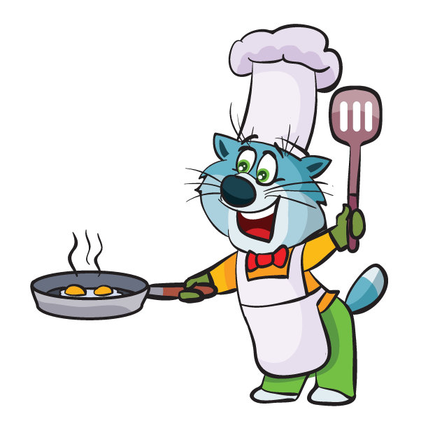 戴着厨师帽和围裙的蓝猫拿着盛着热食物的煎锅和做饭用的锅铲，卡通插画，白色背景上的孤立物体，矢量，图片下载