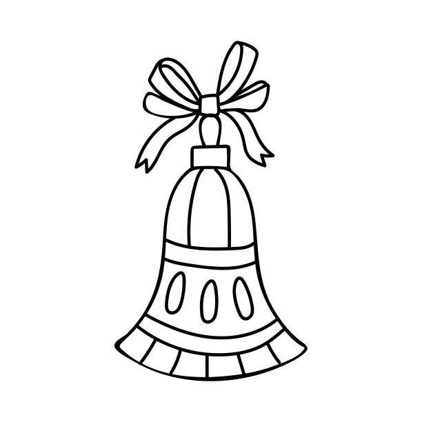 彩页圣诞玩具铃。圣诞树装饰带蝴蝶结。手绘矢量线艺术插图。儿童和成人的涂色书。黑白素描。图片下载