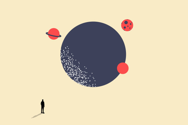 商人站着用行星轨道看太阳。未来的概念，事业的成就，伟大的梦想和机会图片下载