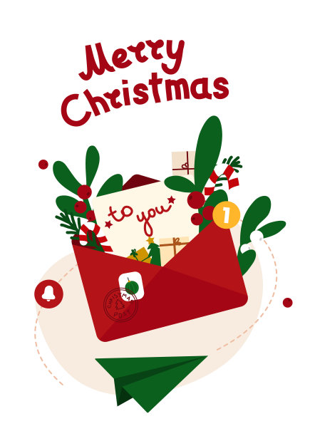 圣诞信息横幅。新年通讯的矢量插图。打开装有祝福、鲜花、树枝和棒棒糖的信封。带有文本的节日模板圣诞快乐。图片下载