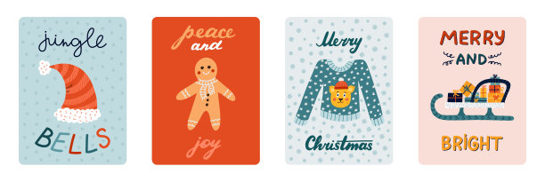 一套可爱的明信片，圣诞，新年，寒假。海报与字母，矢量手绘插画与传统符号的noel，冬季，庆祝。贺卡模板。图片下载