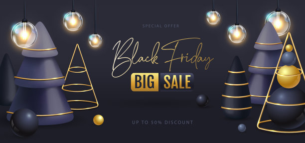 黑色星期五大减价海报，黑色塑料圣诞树和电灯。矢量图图片下载
