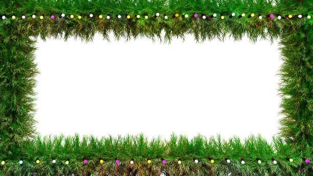 圣诞灯架。用带花环灯的圣诞树的树枝镶边，隔离在白色的背景上。3 d渲染。图片下载