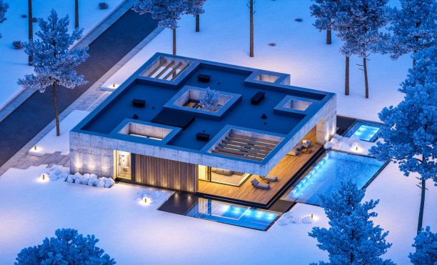 冬夜现代风格的新混凝土房屋三维效果图图片下载