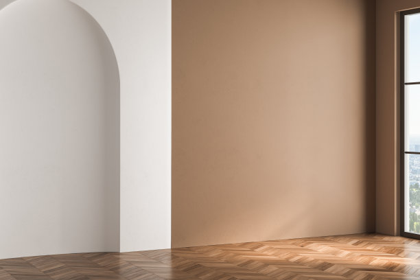 极简主义的空房间，米色和白色的背景，拼花地板，阳光，舒适的家。复印空间为办公室和客厅。三维渲染图片下载
