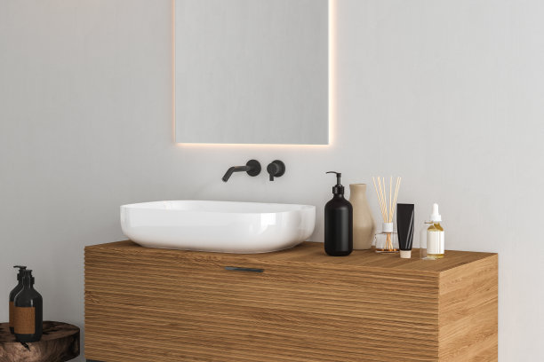 3D渲染的木质台面，白色陶瓷脸盆和现代风格的水龙头，在浴室有早晨的阳光和阴影。产品展示模型留白。三维渲染图片下载