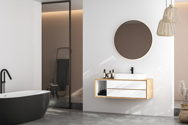 现代极简主义浴室内饰，现代浴室柜，白色水槽，木制梳妆台，室内植物，浴室配件，浴缸和淋浴，白色和米色墙壁，混凝土地板。三维渲染图片下载