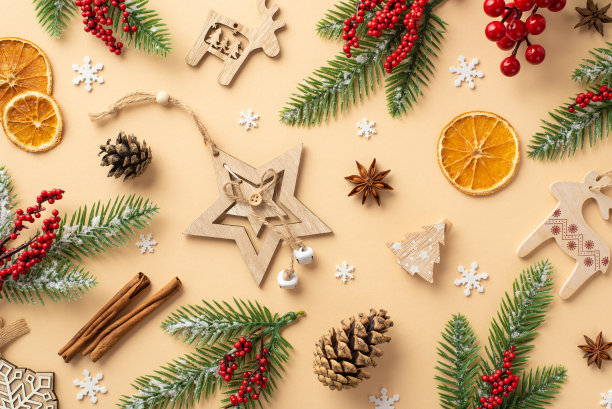 圣诞装饰概念。顶视图照片时髦的木制饰品松果干橙片肉桂棒冷杉枝在霜槲寄生浆果和雪花孤立的米色背景图片下载