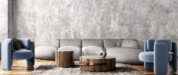 现代公寓室内设计，客厅灰色沙发，蓝色扶手椅，混凝土墙，阁楼时尚家居设计3d渲染图片下载