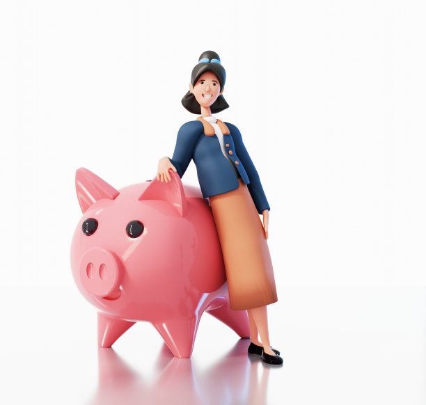 女商人住在小猪储蓄罐旁边。快乐上班族3D效果图图片下载