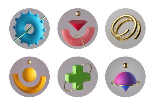 3d渲染，一套彩色几何形状的圆形贴纸，为社交账号设计的现代最小图标。白色背景上孤立的抽象圆圈图片下载