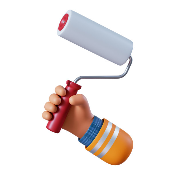 3d渲染，卡通白种人手握油漆卷。专业的油漆工和设备。建筑图标。装修服务剪辑艺术孤立在白色背景图片下载
