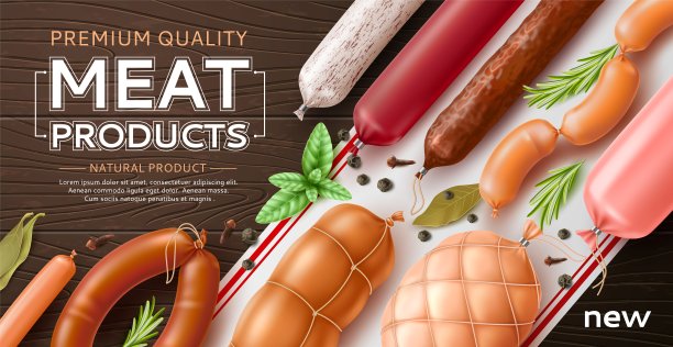 逼真的肉海报。不同类型的香肠广告横幅，烟熏煮，火腿和美食意大利腊肠，天然产品，农民商店，3d孤立元素，完全矢量概念图片下载