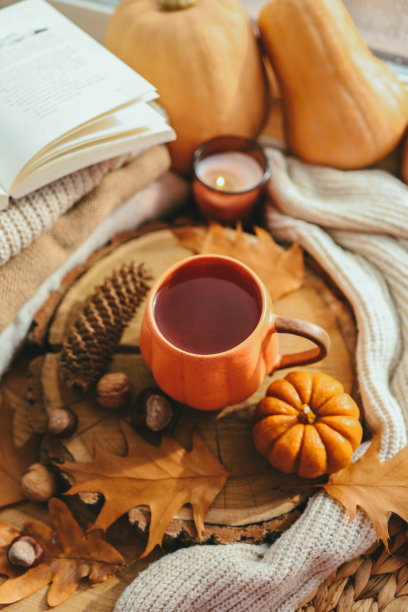 一杯南瓜形状的茶和秋天的装饰放在窗台上，唯美的照片。图片下载