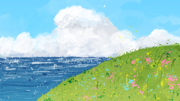 云、海、山的抽象插画图片下载