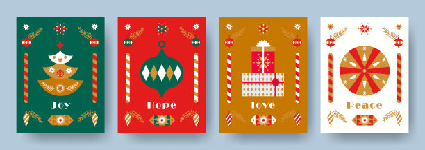 圣诞快乐和新年快乐的一套贺卡，海报，节日封面。现代圣诞设计与几何元素，圣诞树，球，星星，雪花，礼物，玩具，糖果，节日祝福图片下载