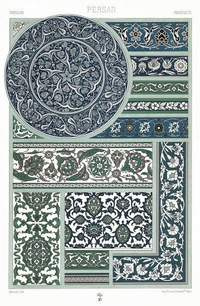 波斯珐琅彩陶器——蓝色、绿色和白色系列（14种图案），彩色装饰1886年图片下载