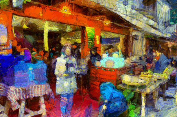 早市景观，湄公河沿岸的社区市场插画创造了印象派的绘画风格。图片下载