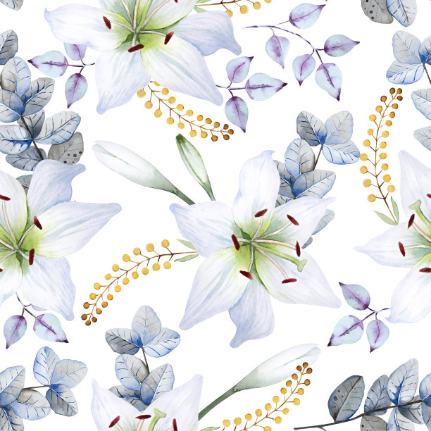 白百合的无缝模式与彩色的叶子和草药在白色的背景。手绘水彩画。图片下载