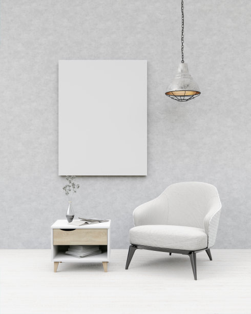 画框贴在墙上，桌子上放着椅子和花瓶。图片下载