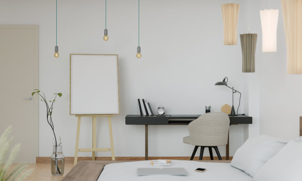 客厅椅子旁边的木地板海报框现代室内图片下载